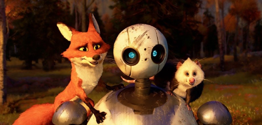 (from left) Fink (Pedro Pascal), Roz (Lupita N’yongo), and Pinktail (Catherine O’Hara) in DreamWorks Animation’s Wild Robot, directed by Chris Sanders.